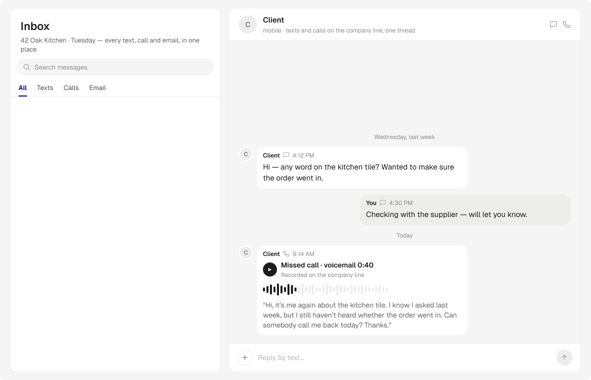 Inbox — texts, calls and email, one place